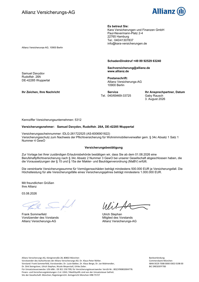 Vorschau der Allianz-Versicherungsbestätigung zur Berufshaftpflicht